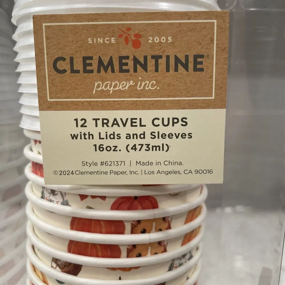 FALL DOGS Set of 12 Travel 16oz Disposable Cups Lids Sleeves Football Pumpkins
